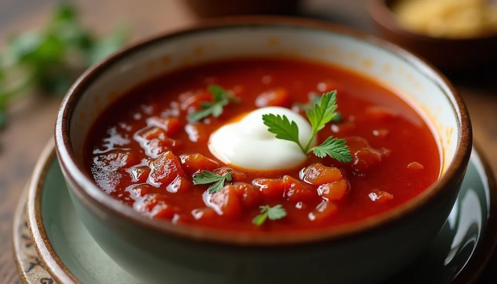 Traditional Slavic food: borscht, vareniki and blini