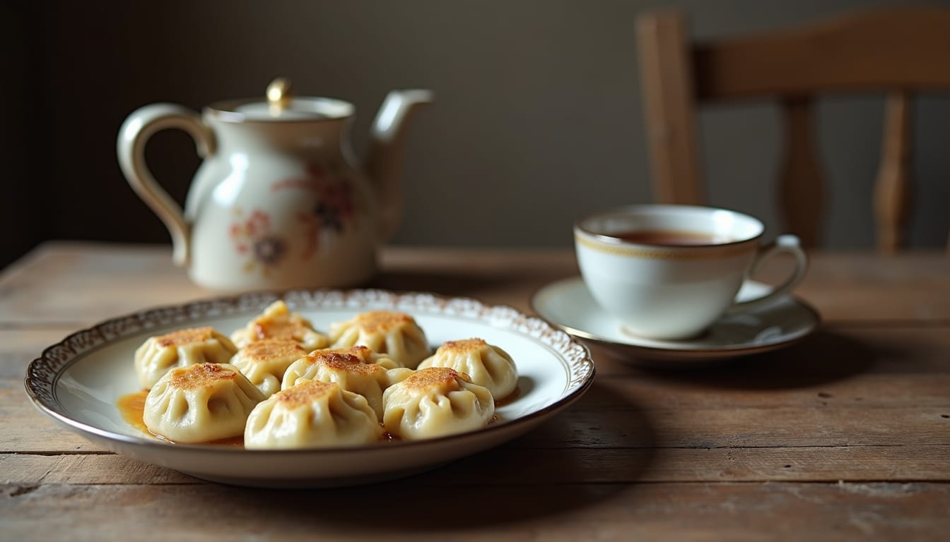 A pot of tea and a plate of dumplings on our table